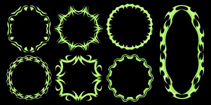 Six glowing green oval frames displayed on a stark black background