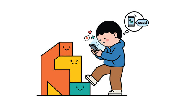 Boy engrossed in smartphone, missing a call while climbing steps. Digital distraction, screen time, childhood technology use.