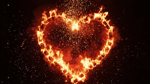 A vibrant heart shape engulfed in intense flames and sparkling embers, symbolizing love, passion, and energy.