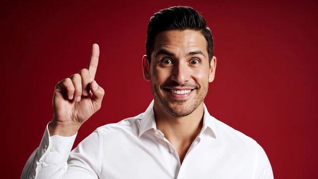 A young man on red background has a sudden idea, pointing finger up with a happy smile. Captures 'aha' moment.