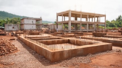 Obraz premium New Construction Site with Foundation Framework and Nature Backdrop in Outdoor Scene