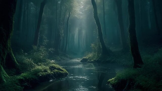 Cinematic Hyper-Realistic Drone Shot of Dark Swamp Environment