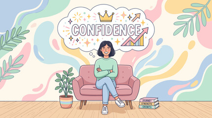 Fototapeta premium Young woman sitting on sofa expressing confidence and calm in pastel interior.