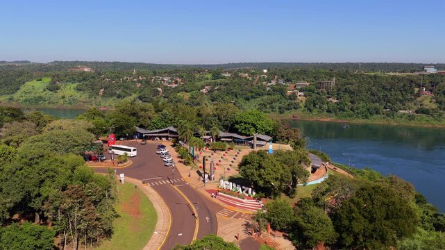 Marco das Tr&ecirc;s Fronteiras in Foz do Igua&ccedil;u, Paran&aacute;, Brazil, marking Triple Frontier with Paraguay and Argentina at confluence of Igua&ccedil;u and Paran&aacute; rivers, with visitor complex and river viewpoint