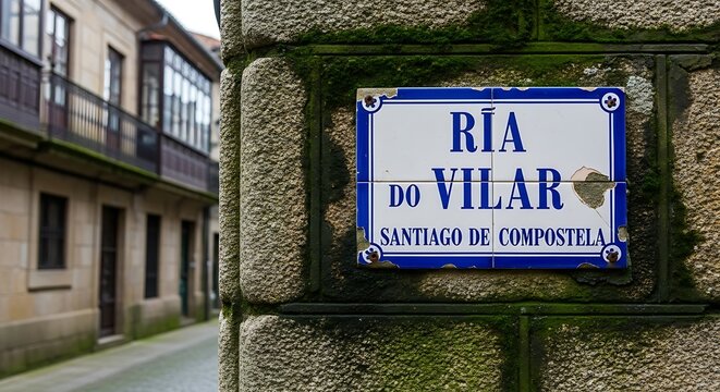 Street sign ria do vilar on a stone wall architectural detail