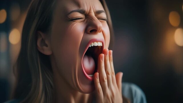 Cinematic Hyper-Realistic Video of Woman Yawning Close-Up