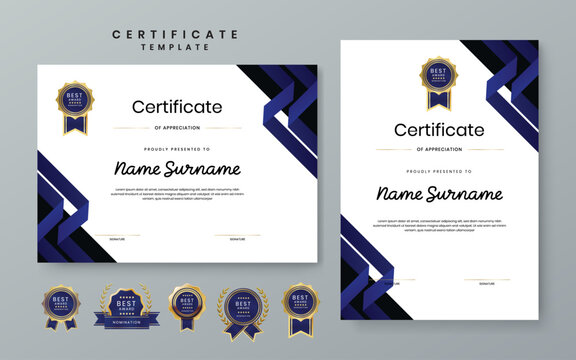 Premium certificate bundle featuring deep blue ribbon geometric shapes and elegant gold badge options for excellence