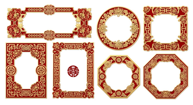 Collection of ornate red and gold Chinese traditional decorative frames and borders