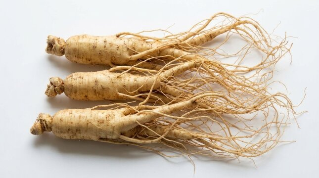 Three whole fresh ginseng roots with delicate rootlets
