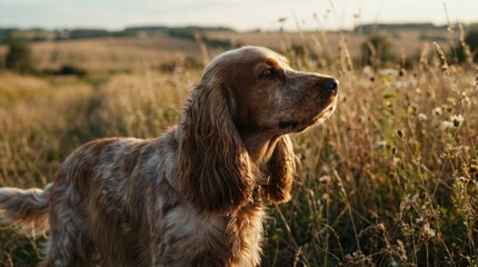 Obraz premium Golden roan spaniel poised in a wild meadow at sunset, thoughtful side profile portrait with wind touched ears, dry grasses, horizon and luminous countryside atmosphere for cocker dogs pictures