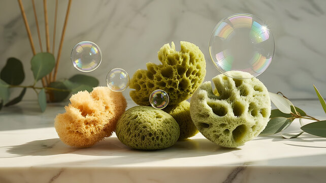Natural sea sponges on marble counter with floating bubbles.