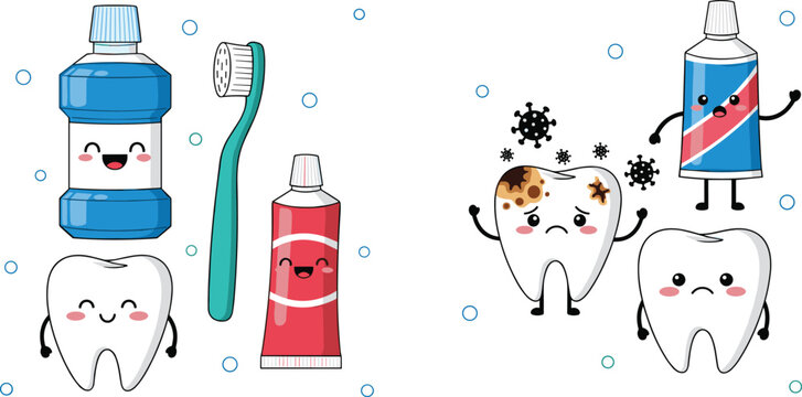 Cute dental care cartoon set with teeth toothpaste mouthwash toothbrush and hygiene characters vector illustration