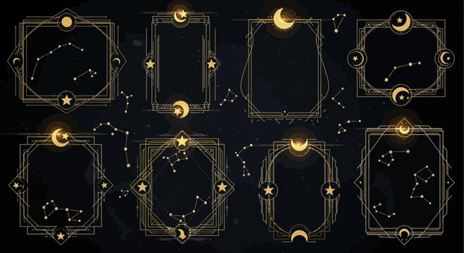 Celestial Frames Collection: Golden Constellations, Moon & Stars on Dark Night Sky