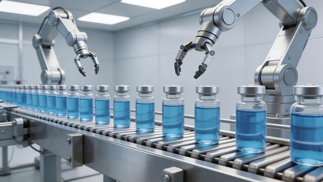 Robotic arms filling vials on conveyor