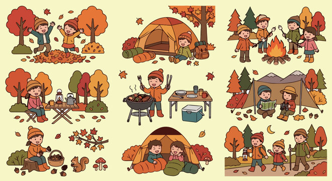 秋のキャンプとバーベキューのアウトドライラストセット