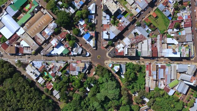Top-down aerial drone view of the Siete Bocas neighborhood street intersection in Puerto Iguazu, Misiones, Argentina.