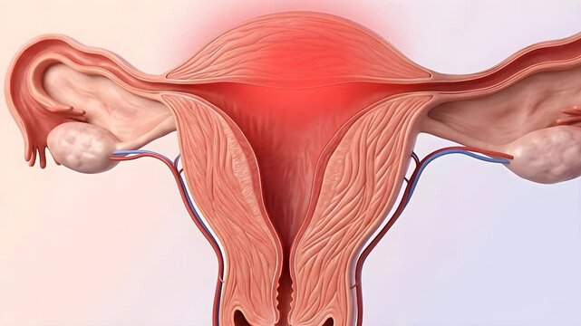 Uterus and ovaries illustration showing internal view with a glowing red area indicating pain or inflammation during menstrual cramps a medical