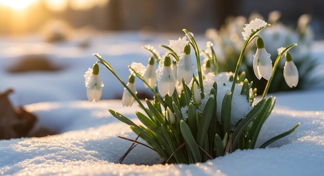 Snowdrops emerging through snow under warm sunlight nature scene