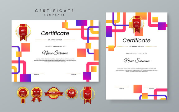 Creative certificate of appreciation set featuring futuristic neon orange and purple square line patterns in two orientations