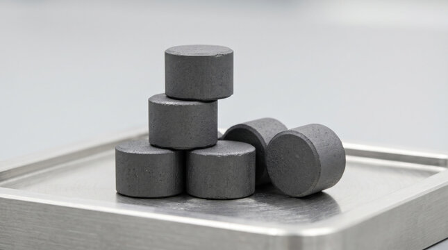 Dark grey cylindrical metallic or graphite pellets stacked on a metal tray