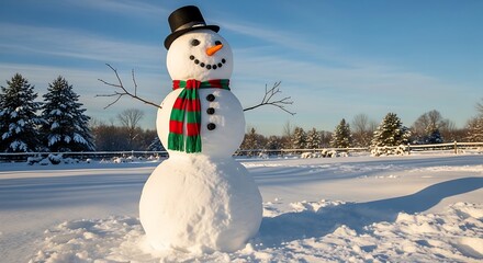 Obraz premium Snowman in snowy landscape with hat scarf and buttons on a sunny day