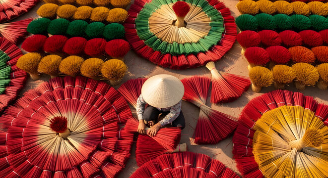 Top down view of a worker in a conical hat sorting dyed bamboo sticks for drying in the sun