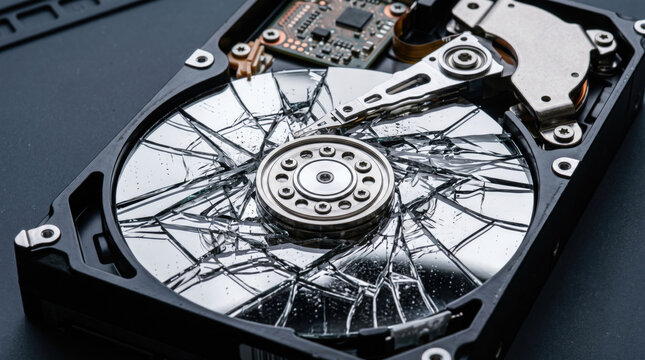 Opened computer hard drive with a completely shattered and broken glass data platter