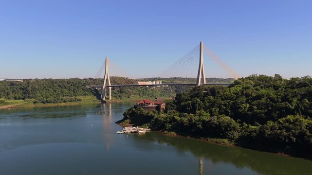 Puente de la Integraci&oacute;n over Paran&aacute; River at Hito Tres Fronteras in Foz do Igua&ccedil;u, Paran&aacute;, Brazil, connecting Presidente Franco, Paraguay, with Puerto Iguaz&uacute;, Argentina, surrounded by forested border