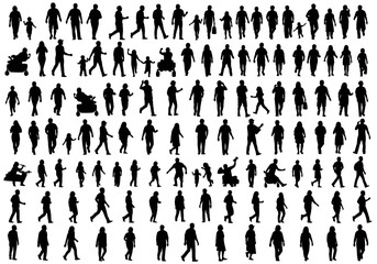 Large Group of People Silhouettes, Diverse Crowd Walking, Standing, and Various Activities Isolated on White Background