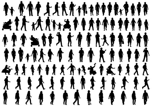 Large Group of People Silhouettes, Diverse Crowd Walking, Standing, and Various Activities Isolated on White Background