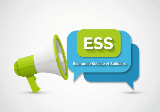ESS Economie Sociale et Solidaire Concept with Megaphone and Speech Bubbles, Social and Solidarity Economy Promotion for Business and Community Impact