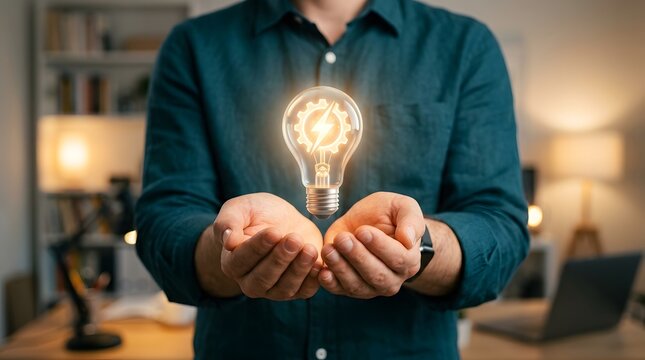 A person holding a glowing light bulb with a gear inside, symbolizing innovation and new ideas.