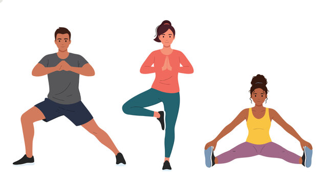 Diverse people exercising and doing yoga. Men and women in fitness poses: lunge, tree pose, and straddle stretch. Healthy lifestyle illustration.