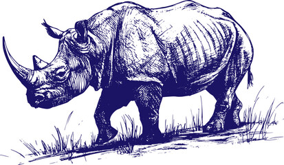 Hand Drawn Rhinoceros Sketch Vector Illustration in Black Ink Style, Detailed Wildlife Animal Drawing, Minimalist Rhino Line Art © dan