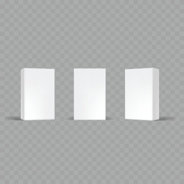 Realistic Blank White Tall Box Mockup Set. Vector Vertical Cardboard Packaging Templates in Various Angles.