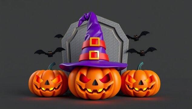 A pixelated witch's hat and jack-o'-lanterns in front of a haunted house
