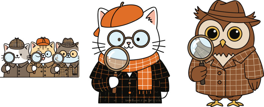 Cute detective animals cartoon set with cat and owl investigators holding magnifying glass vector illustration