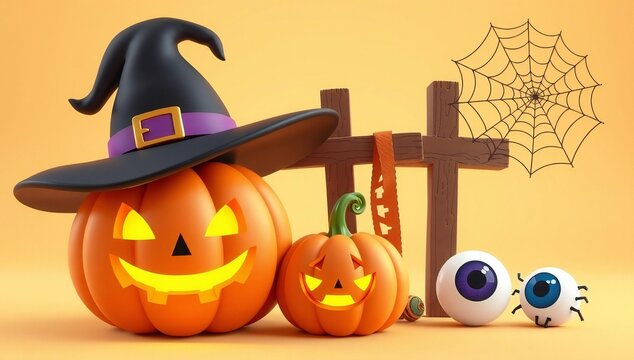 Halloween scene with jack-o'-lanterns, witch hat, spider web, and creepy eyes