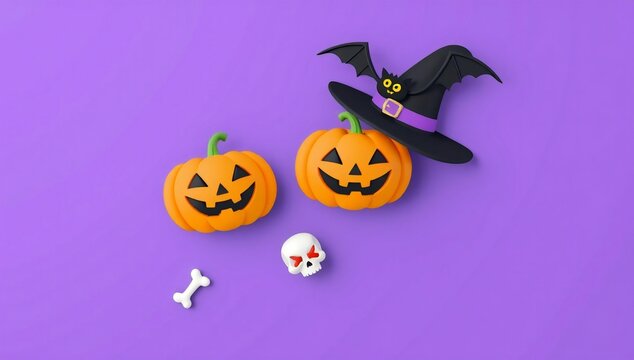Halloween decorations featuring a witch, pumpkins, and a skull on a purple background