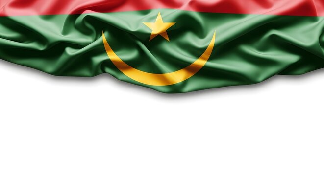 Wavy flag of Mauritania with red stripes, green center, and yellow crescent moon and star against a white background.