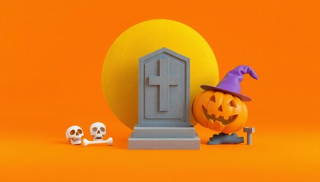 Halloween scene with a gravestone, pumpkin, and skulls on an orange background