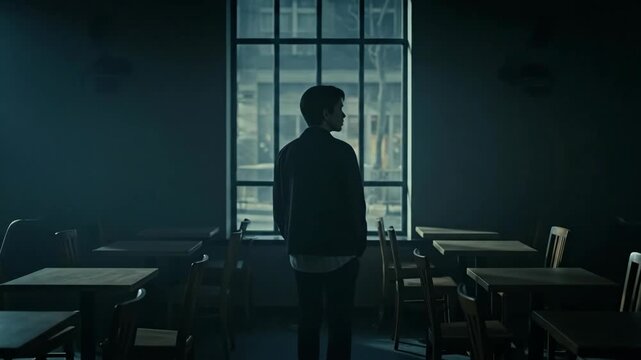 Man standing alone looking through window in a dark empty cafe room