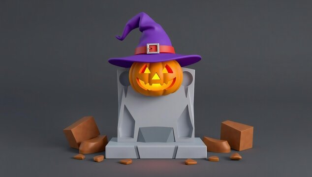 A whimsical 3d rendering of a jack-o'-lantern wearing a witch's hat on a tombstone