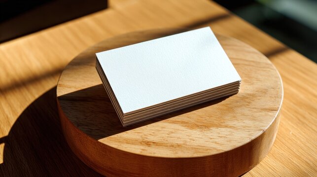 Blank business cards stack on wooden surface with natural sunlight
