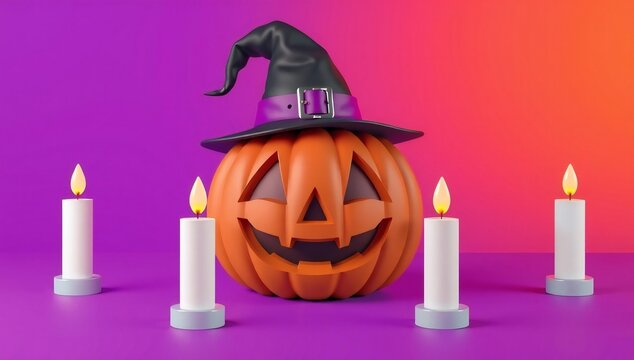 Halloween decoration with a pumpkin, witch hat, and candles on a pink background