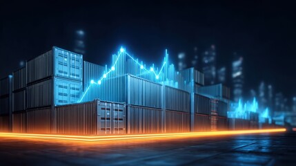 Naklejka premium Visual Representation of Data Analysis with Shipping Containers and Abstract Graph in a Modern Urban Setting