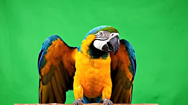 A vibrant blue and gold macaw parrot with open wings and beak on a perch against a green screen background.