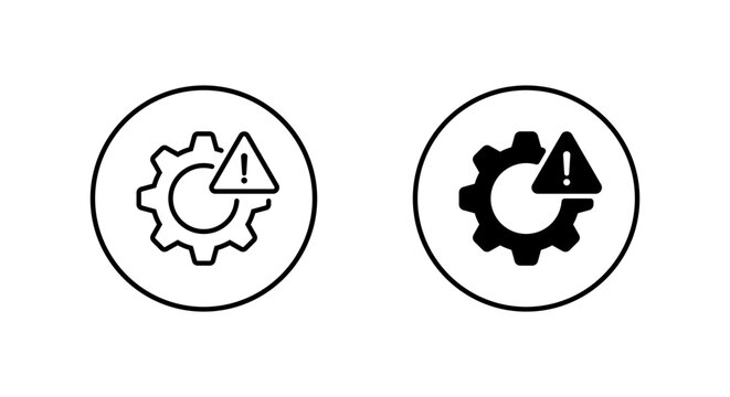 Gear warning icon in circular outline. System alert symbol. Mechanical failure and maintenance issue sign
