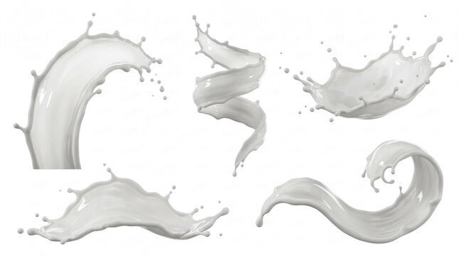 Dynamic milk splashes and elegant swirls with playful drops, a realistic 3D render.