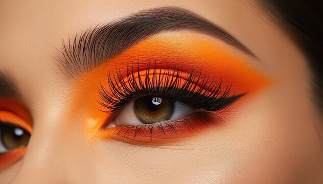 Mesmerizing Eye Look: An up-close view of an eye adorned with bold, fiery eyeshadow, dramatic lashes, and impeccably shaped eyebrows, creating a striking and captivating aesthetic.